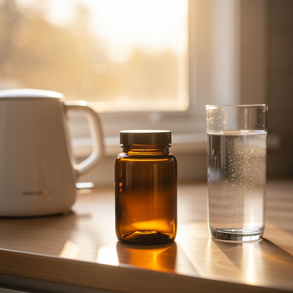 A plain amber jar beside a kettle and a glass of water