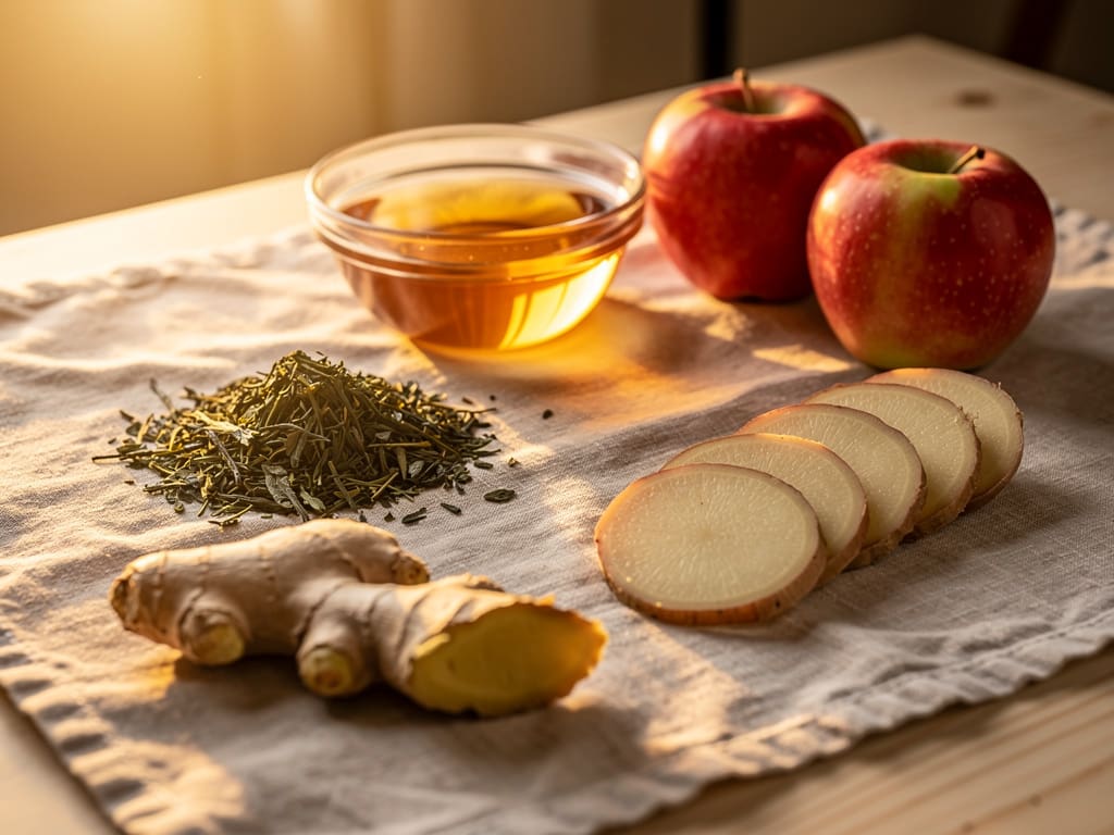 Green tea leaves, ginger root, konjac root, apples and a bowl of vinegar on linen