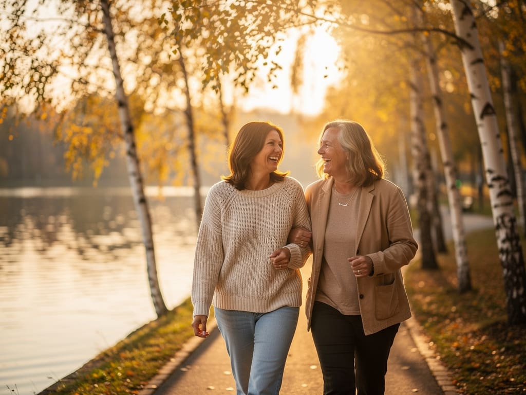 Two friends walking and laughing on a lakeside path among birch trees
