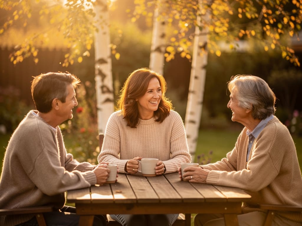 Three friends sharing coffee at a garden table