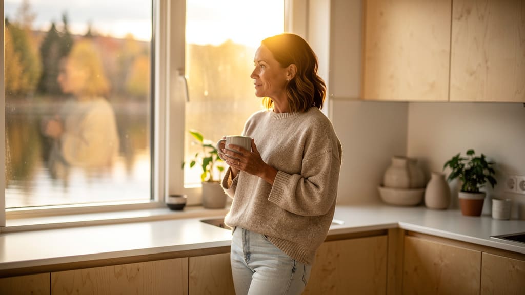 A woman with a mug of coffee by the window of a bright birch kitchen